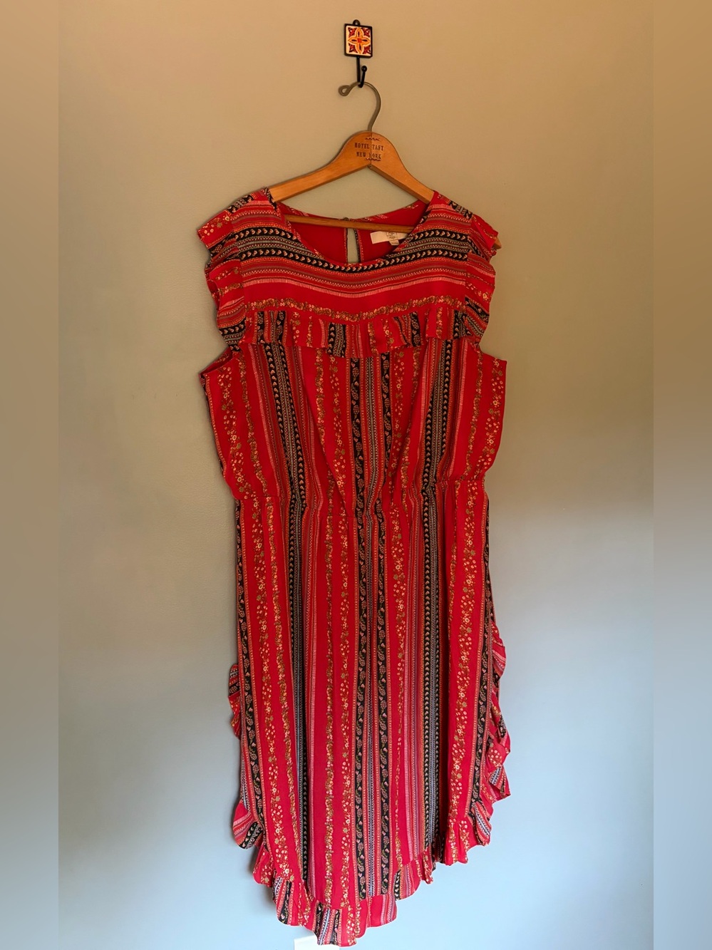 LOFT Red Striped Maxi Dress with Ruffle Trim